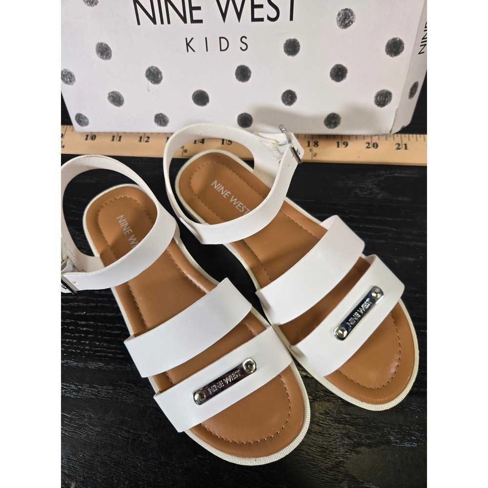 Nine‎ West Kids White Triple Strap Logo Plate Buckle Sandals Size 3